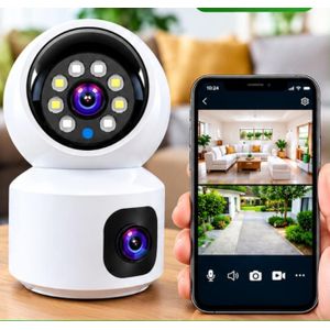 Caméra de Surveillance Wi-Fi Intelligente Sans Fil à Double Objectif Hd-Blanc.