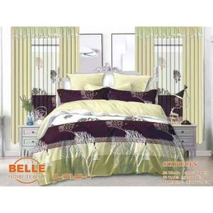 kit de Parure de lit 4 pièces B-584AB motif feuilles de ginkgo dorées cercles vert foncé, 2 draps 260×240cm + 2 taies 80×60cm + drap-housse, microfibre déco chambre moderne luxueuse sans rideaux