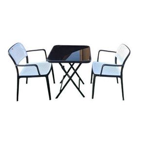 Table pliante vitré noir avec 2 chaises en plastique 