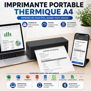  Imprimante Portable thermique A4 Sans Fil – Impression Instantanée Bluetooth Rechargeable, compatible ordinateur et telephone