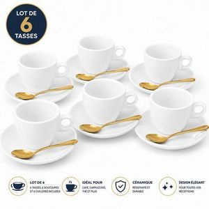 Lot de 6 Tasses à Café Expresso en Porcelaine + 6 Cuillères Dorées  HG