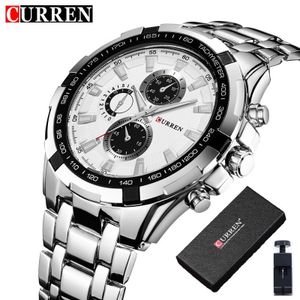 Curren Montre Homme Chronographe Quartz CURREN, Boîtier Argent Cadran Blanc Bracelet Acier Inoxydable, Montre Sport‑Affaires Avec Boîte Cadeau et Outil de Réglage