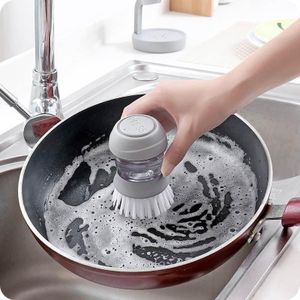 Mini brosse de nettoyage vaisselle avec distributeur de savon et support - Gris