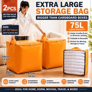 Deux sacs de rangement de 75 L pour déménagement de dortoir, sacs de rangement extra-larges, peu encombrants et résistants, adaptés au déménagement et à l'emballage, sacs de rangement résistants aux rayures et à l'usure pour les vêtements et la literie.