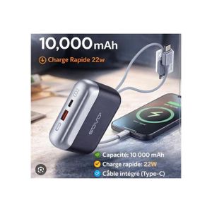 Sovo Power Bank 10000mAh PD-22 Noir – Charge Rapide 22.5W PD - Câble Type-C Et IPhone