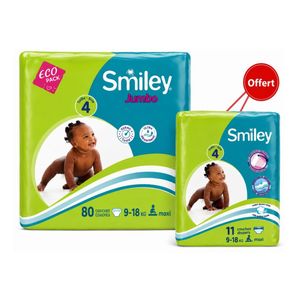Smiley Couches Bébé Jumbo Taille 4 Smiley 80 Couches (9 - 18 Kg) + Mini Paquet De Couches Bébé Taille 4 - 11 Couches (9 - 18 Kg) offert
