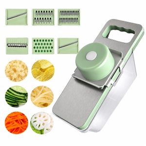 Mandoline Multifonction 6-en-1 avec Bac, Coupe-Légumes Professionnel en Acier Inoxydable, Trancheuse à Julienne, Râpe de Cuisine avec Lames Interchangeables et Protection des Doigts