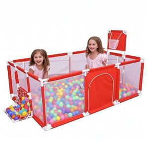 Grand Parc de Jeux pour Bébé 3-en-1 – Aire de Jeux Rectangulaire avec Panier de Basket, Cage de Football et Porte Zippée ( gris ) 