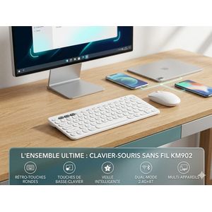 Ensemble Clavier et Souris Sans Fil KM902 - Dual-Mode 2.4GHz et Bluetooth - Multi-Appareils - Ultra-Mince - Touches Rondes Silencieuses