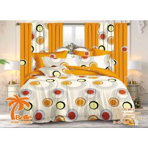 Belle Parure de lit 6 pièces B-597AB motif cercles concentriques orange rouge noir, 2 draps 240×260cm + 2 taies 60×80cm + 2 rideaux 150×220cm, microfibre déco chambre moderne
