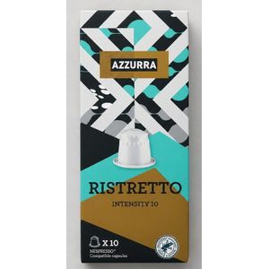 Pack 10 capsules aluminium de café AZZURA, RISTRETTO  intensity 10, très très intense  . Compatible machine Nespresso. Café  arabica torréfié et moulu en capsule.