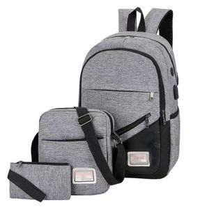 Lot sac à dos décontracté 3 en 1 gris, sac à dos pour ordinateur avec sac bandoulière et petite trousse à monnaie, sac de voyage scolaire avec port de charge USB externe