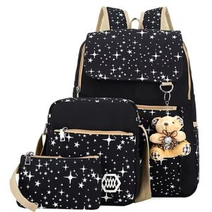 Mode Ensemble de 3 pièces - grand sac à dos étudiant/collège pour fille avec pendentif ours (sac d'école + sac à bandoulière + trousse)