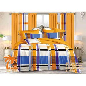 KIT DE  Parure de lit 6 pièces B-594AB motif carreaux contrastés orange bleu violet, 2 draps 240×260cm + 2 taies 60×80cm + 2 rideaux 150×220cm, microfibre décoration chambre complète HG