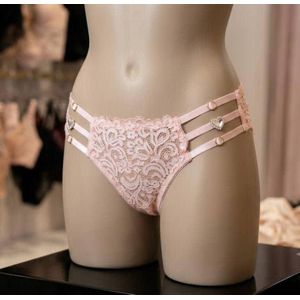 Slip pour femme en dentelle florale à lanières avec ornements en forme de cœur –Rose.