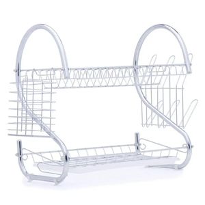 Égouttoir à Vaisselle 2 Niveaux en Acier Inoxydable – Porte-Assiettes, Porte-Verres et Porte-Couverts – Gris Argent