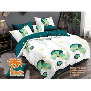 Belle Parure de lit 4 pièces B-584AB motif feuilles de ginkgo dorées cercles vert foncé, 2 draps 260×240cm + 2 taies 80×60cm + drap-housse, microfibre déco chambre moderne luxueuse sans rideaux