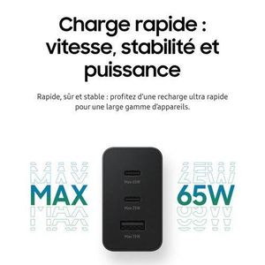 Samsung Chargeur MultiFonction Charge Rapide Original 2 Ports USB-C, Port USB-A- 65w,25w,15w Noir