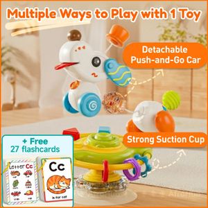 Jouet 3-en-1 pour bébé : toupie à ventouse et voiture à pousser + 27 cartes illustrées GRATUITES - Jouet pour chaise haute Montessori
