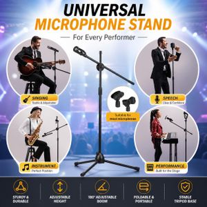 Trépied pour pied de microphone, réglable en hauteur, avec barre transversale et 2 pinces différentes, adapté aux concerts, spectacles, performances vocales et discours.