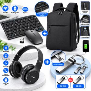 Pack Ordinateur & Bureau – Sac à Dos Noir + Clavier Souris Sans Fil rechargeable Noir + Casque P47 Noir + Clé USB 32go / 64Go