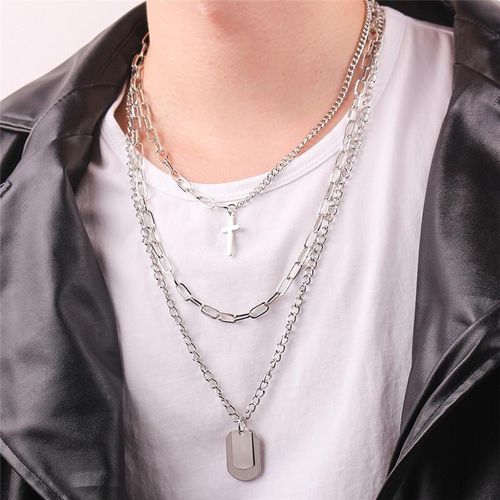 product_image_name-STY-Collier 3 en 1, Collier en alliage, Collier avec pendentif en argent, Collier simple en acier titane-2