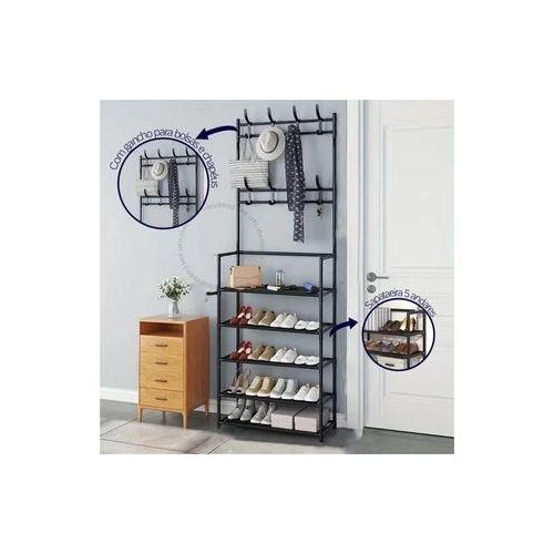 product_image_name-Armoire Eidolon-Étagère De Rangement Multifonction Avec Porte-Manteaux – 5 Niveaux – Métal Noir – 167cm-1