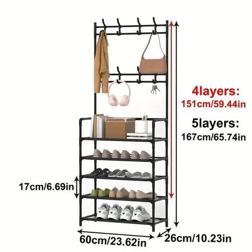 product_image_name-Armoire Eidolon-Étagère De Rangement Multifonction Avec Porte-Manteaux – 5 Niveaux – Métal Noir – 167cm-2