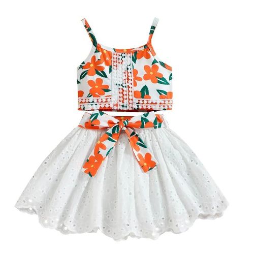 Fashion Nouveaute vetement pour petite fille Vetement d enfant 2 pieces crop top sans manches motif florale OBV imprime avec jupe blanche en dentelle Ensemble de vetements Prix pas cher Jumia CI