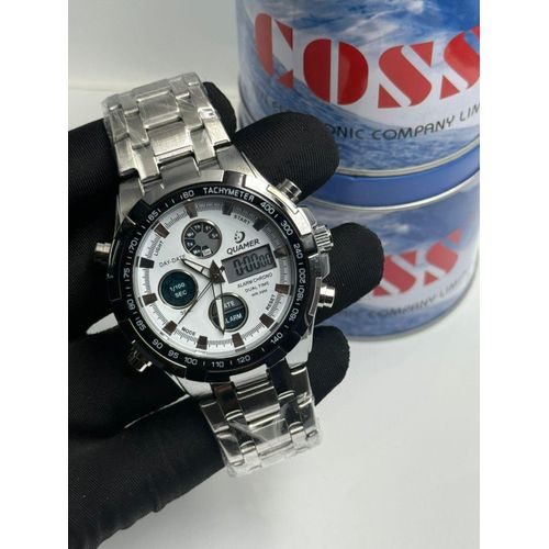 product_image_name-Quamer-Montre étanche Pour Homme, De Luxe, En Acier Argenté, Numérique, à Quartz, Analogique - Argent Fond Blanc-1