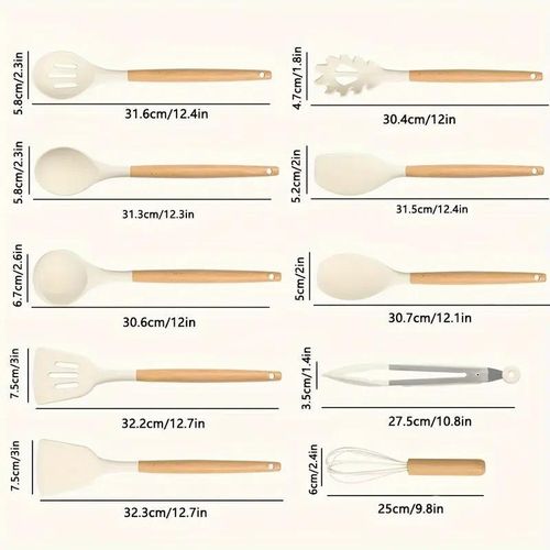 product_image_name-Generic-Ensemble de 10 pièces de poêles antiadhésives avec poignées en bois et spatules en silicone - kaki-4