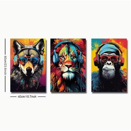 product_image_name-Generic-3 affiches en toile - Art moderne, Animaux avec écouteurs Tigre Loup Chimpanzés Peinture ludique de jeux - Toile - Pour chambre, salon, couloir-3