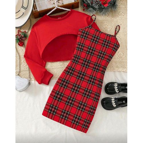 product_image_name-Fashion-Ensemble 2 pièces pour jeunes filles,sweat-shirt court en tricot rouge et robe ajustée à carreaux-1