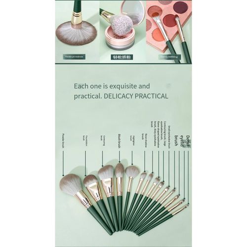 Fashion 14Pcs Soft Green Makeup Brush Set with Storage Bag - image 2