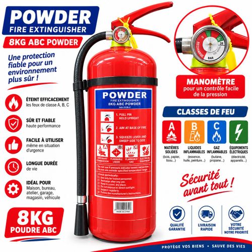 Generic Extincteur à Poudre ABC 8KG avec Manomètre – Sécurité Incendie