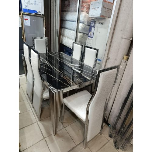 product_image_name-Generic-Ensemble de table à Manger 6 Personnes, Table en vitre  avec Cadre argent et 6 Chaises150 cm (L) x 90 cm (l) x 75 cm (h)-1