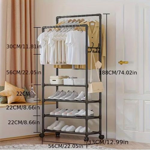 product_image_name-Generic-Portant à Vêtements Multifonction 3-en-1 – Penderie Double Barre, Porte-Sacs & Range-Chaussures 5 Niveaux – Structure Métallique Robuste avec Roulettes – Organisateur Gain de Place pour Entrée et Chambre-1