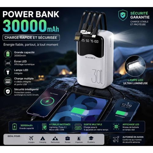 Maches Power Bank 30000 mAh – Charge Rapide et Câbles Intégrés - image 3