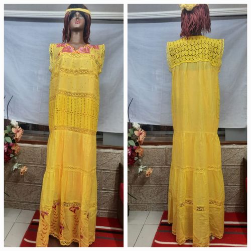 Fashion Belle Robe Jaune En Coton Avec Broderie Prix pas cher