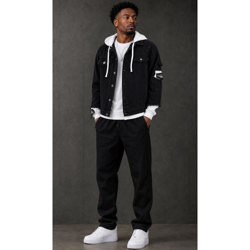 Fashion Jacket En Jean  A Capuche Pour Homme - Noir - image 2
