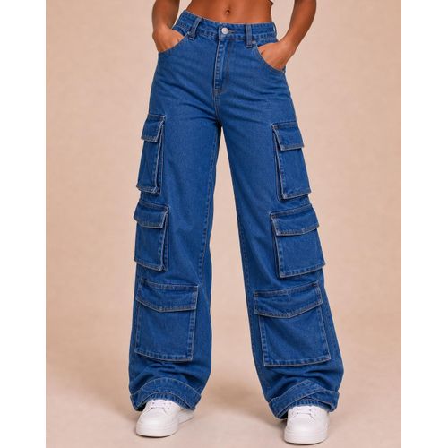 Fashion Pantalon Jean Cargo Dame - Bleu