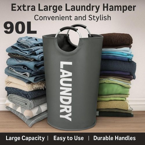 product_image_name-addigoes-Panier à Linge 90L, Panier à Linge Étanche, Sac à Linge avec Poignées Rembourrées, Poubelle à Vêtements, Panier Pliable pour un Rangement Facile gris-1