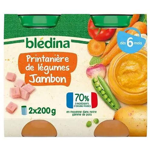 product_image_name-blédina-Repas bébé Petits pots compote Bébé Bio Printanière Légumes Jambon 2X200G-1