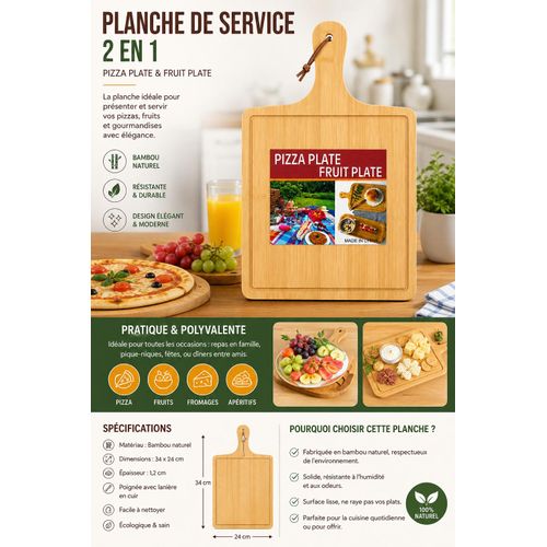 Generic Planche de service en bambou 2-en-1 – Pizza & Fruits. - image 3