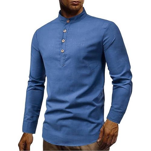 product_image_name-Fashion-Chemise décontractée à col montant pour homme, à manches longues, mélange de coton et lin - Bleu-1