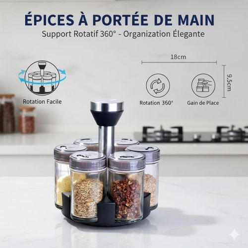 product_image_name-Generic-Support à Épices Rotatif 360° (6 Pots) - Bocaux en Verre, Couvercles en Acier Inoxydable (3 Ouvertures) - Organisation Compacte et Fraîcheur Optimale pour la Cuisine-1