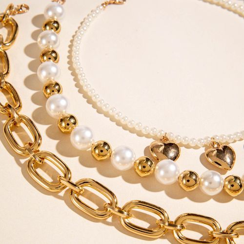 product_image_name-CALLIARA-Set de 3 Colliers Empilables Luxe Cœur Perle, Collier Ras-du-Cou Chaîne Épaisse Or Vintage, Colliers Luxe Niche pour Femme-3