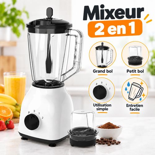 Generic Mixeur 2-en-1 avec 2 Bols – 3 Vitesses, Moulin Sec pour Jus, Smoothies, Café, Noix et Épices – Noir et Blanc - image 2