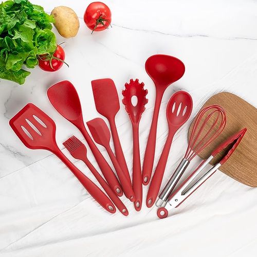 Set de 10 Ustensiles de Cuisine en Silicone - Rouge