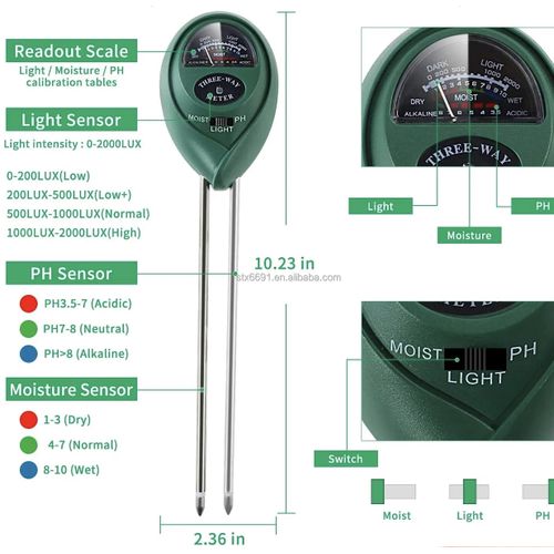 3 en 1 sol eau humidité PH mètre acidité humidité lumière du soleil lumière PH  Test jardin fleurs capteur d'humidité testeur Instrument de test